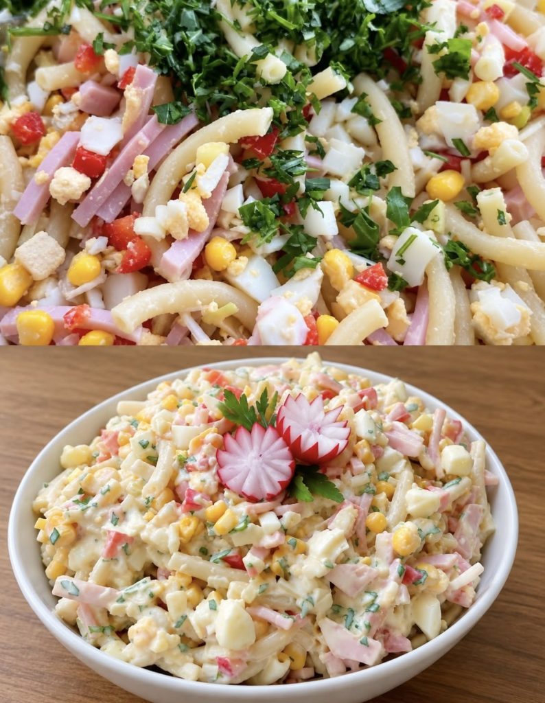 Herrlich cremig, knackig und voller Geschmack! Mit Schinken, Käse, Mais und einem köstlichen Dressing. In wenigen Minuten vorbereitet und so lecker, dass garantiert keine Schüssel voll bleibt!
