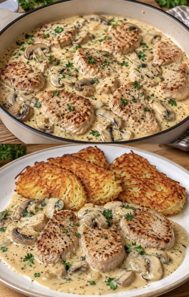 Dieses zarte Schweinefilet in cremiger Champignon-Sahnesoße ist einfach der Wahnsinn! Dazu knusprige Kartoffelrösti – ein Essen, das die ganze Familie liebt!