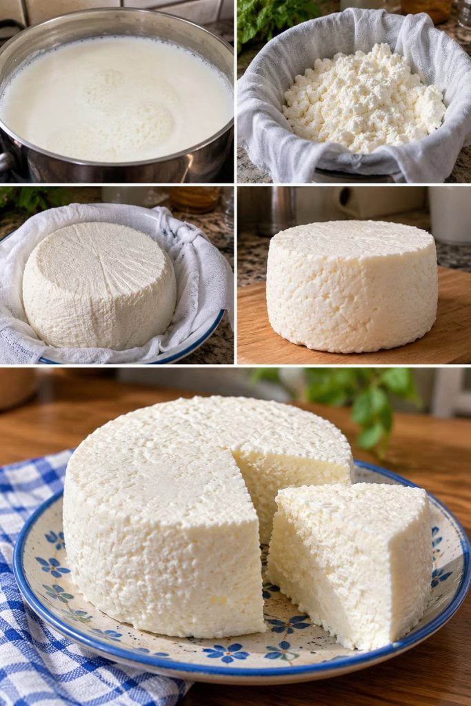 Hausgemachter Käse aus 1 Liter Milch, einer halben Zitrone und 1 Joghurt